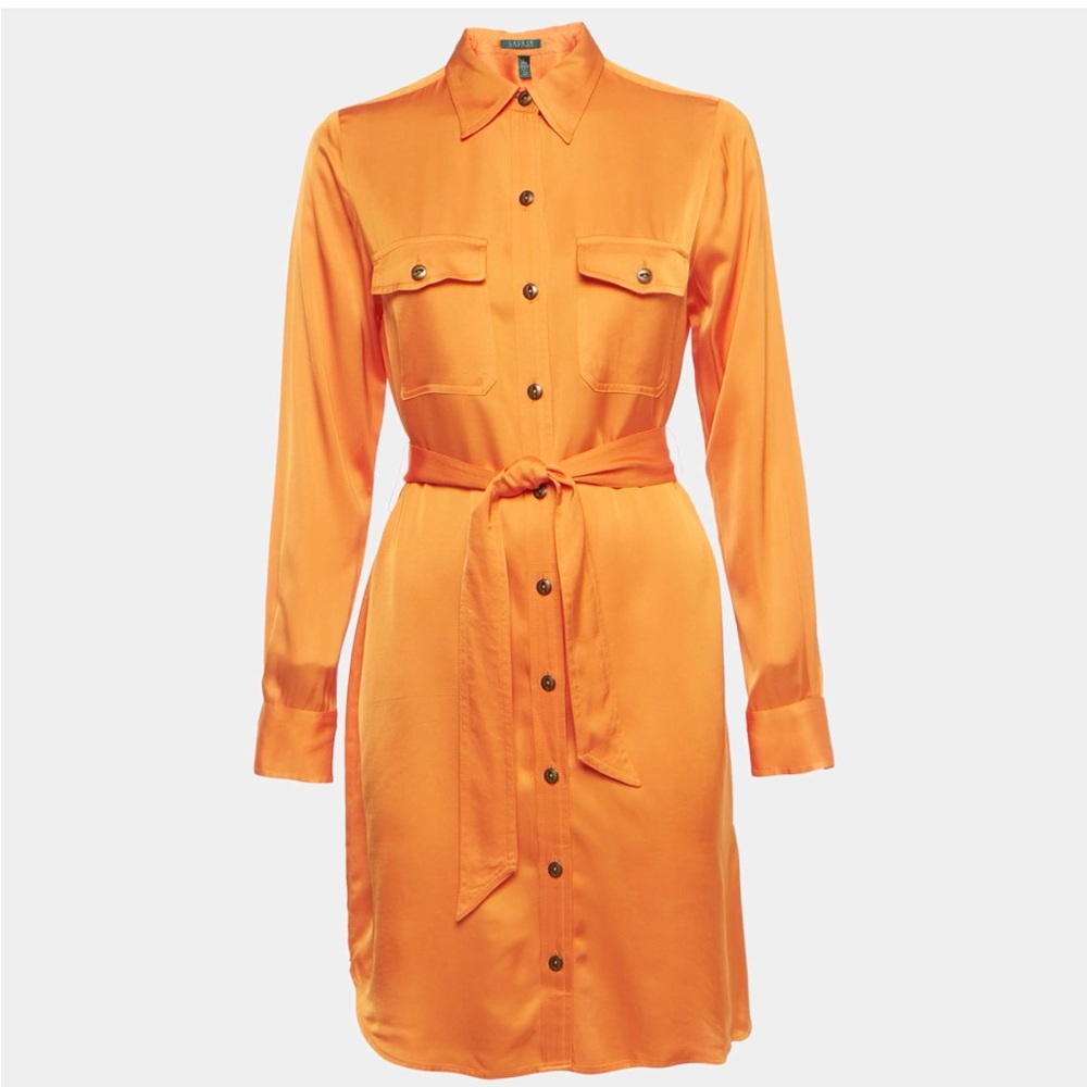 Lauren Ralph Lauren Orange Satin Belted Shirt Dress 2P